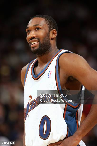 Gilbert Arenas of the Washington Wizards smiles during the NBA game against the Golden State Warriors at Oracle Arena on March 23, 2007 in Oakland,...