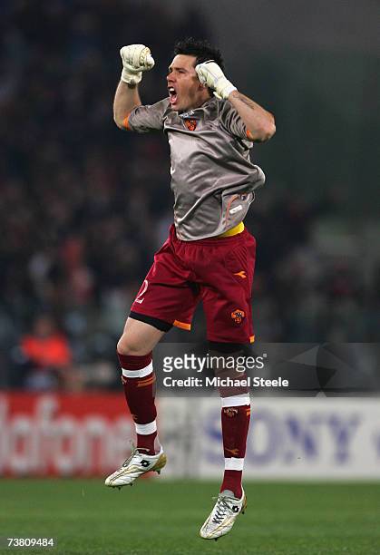 Goalkeeper Doni of AS Roma celebrates during the UEFA Champions League quarter final, first leg match between AS Roma and Manchester United at the...