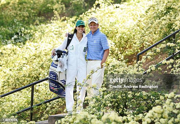 Luke Donald of England poses with his fiance Diane Antonopoulos during the Par-3 contest prior to the start of The Masters at the Augusta National...