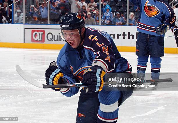 Ilya Kovalchuk of the Atlanta Thrashers celebrates after scoring against the Washington Capitals on April 4, 2007 at Philips Arena in Atlanta,...