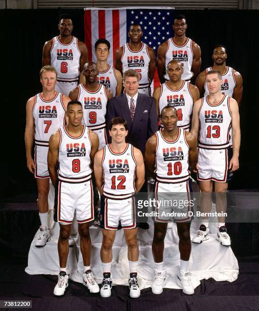 The United States Men's National Basketball Team pose for a photo at the 1992 Summer Olympics in Barcelona, Spain. NOTE TO USER: User expressly...