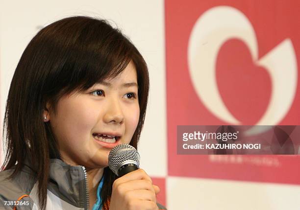 Japanese table tennis star Ai Fukuhara addresses a press conference along with Actress Noriko Sakai on the 2007 Japan-China Culture and Sports...