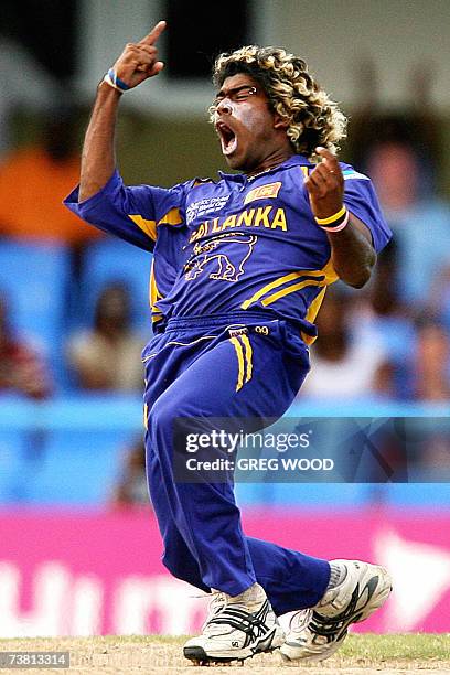 St John's, ANTIGUA AND BARBUDA: Sri Lankan cricketer Lasith Malinga is jubilant after taking the wicket of England's Ed Joyce during the Cricket...