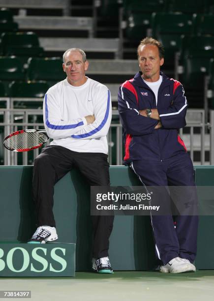 Captain John Lloyd of Great Britain and Brad Gilbert, Andy Murrays coach look on during the previews to the Davis Cup Europe/Africa Zone Group One...