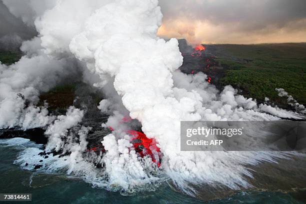 Saint-Philippe, REUNION: Aerial view taken 05 April 2007 near Saint-Philippe in La Reunion island of lava coming from the Piton de la Fournaise...