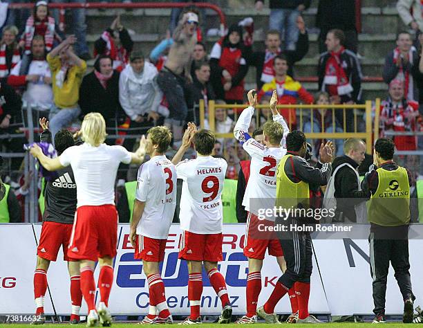 Team of Koeln celebrate the victory after the Second Bundesliga match between Erzgebirge Aue and 1.FC Cologne at the Erzgebirgs stadium on April 5,...