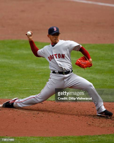 Starting pitcher Daisuke Matsuzaka of the Boston Red Sox throws against the Kansas City Royals on April 5, 2007 at Kauffman Stadium in Kansas City,...