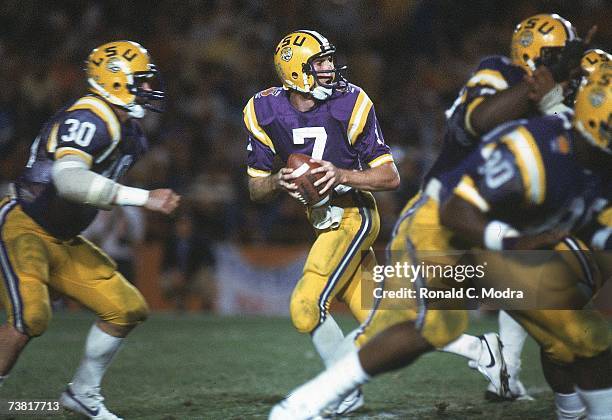 Quarterback Alan Risher of the LSU Tigers goes back to pass during the Orange Bowl Game against the Nebraska Cornhuskers on January 1, 1983 in Miami,...