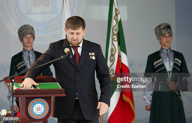 Chechen President Ramzan Kadyrov takes the oath during a swearing ceremony celebrating his near-total control of the southern Russian province April...
