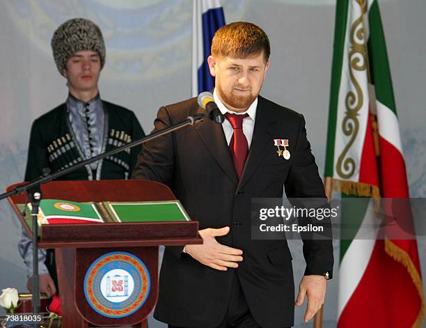 Chechen President Ramzan Kadyrov takes the oath during a swearing ceremony celebrating his near-total control of the southern Russian province April...