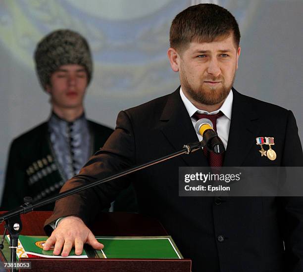 Chechen President Ramzan Kadyrov takes the oath during a swearing ceremony celebrating his near-total control of the southern Russian province April...