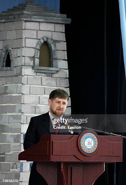 Chechen President Ramzan Kadyrov speaks during his swearing ceremony celebrating his near-total control of the southern Russian province April 5,...