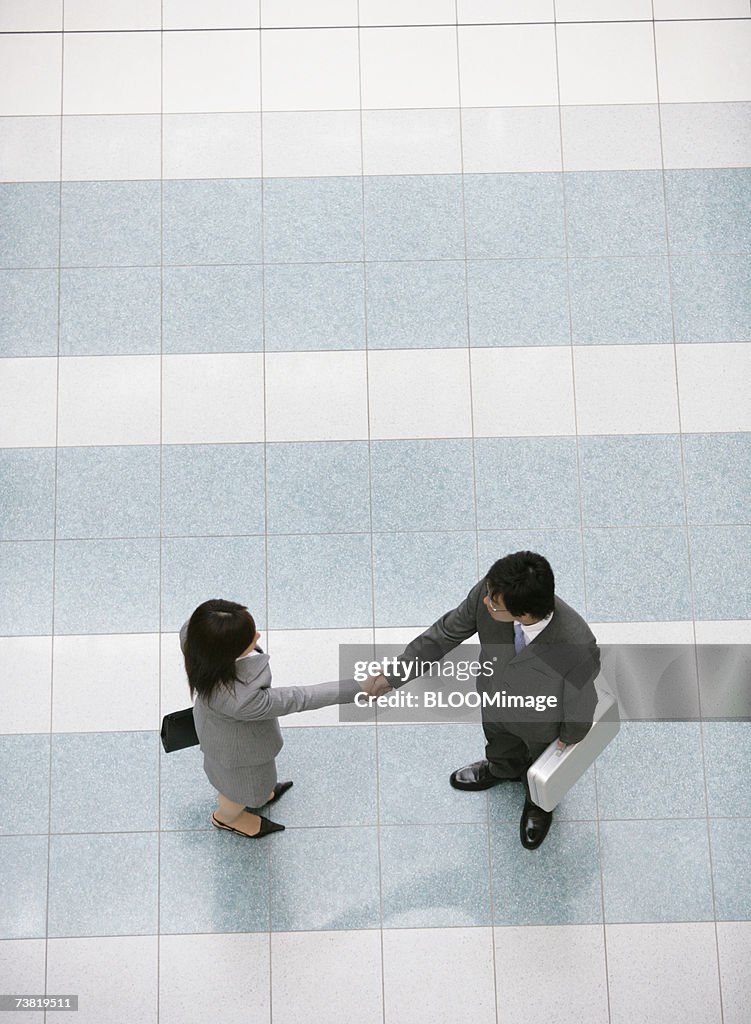 Japanese businessman and businesswoman shaking hands with each other