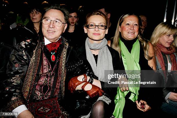 Designer Vyacheslav Zaitsev, L' Officiel Russia Magazine Editor-in-chief Evelina Khromchenko and Tatyana Mikhalkova sit in the front row during the...