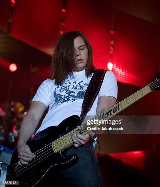 Bassist Georg Listing of the German teen band Tokio Hotel performs during the ''Zimmer 483'' concert at the Torwar Hall April 5, 2007 in Warsaw,...