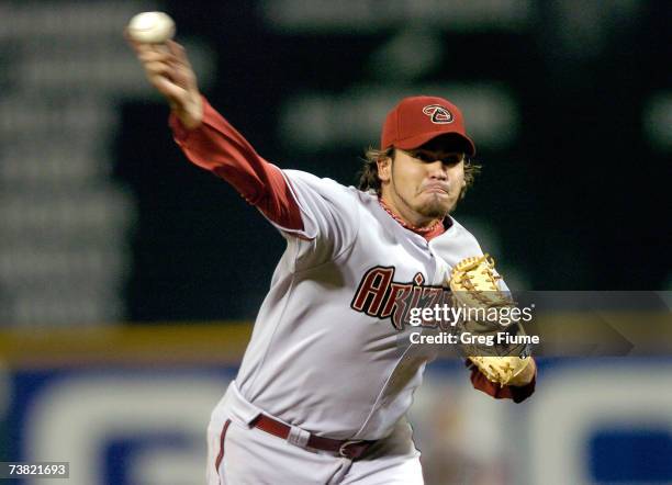 Edgar Gonzalez of the Arizona Diamondbacks pitches against the Washington Nationals at RFK Stadium April 5, 2007 in Washington, DC.