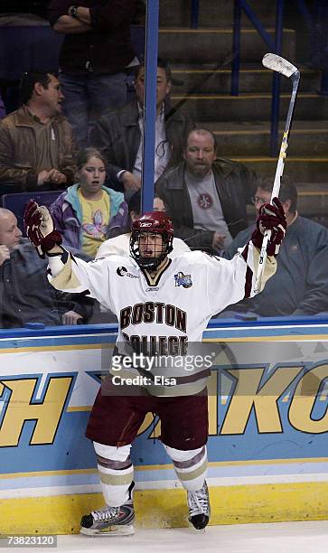 Nathan Gerbe of the Boston College Eagles celebrates his goal in the third period against the North Dakota Fighting during the Division I Frozen Four...