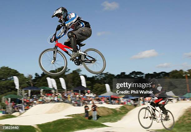 Riders practice on the new track during the NZ National BMX Championships at the North Harbour BMX Club April 6, 2007 in Auckland, New Zealand.
