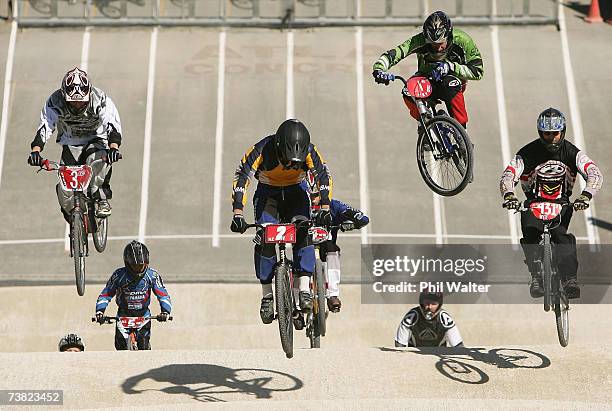 Riders practice on the new track during the NZ National BMX Championships at the North Harbour BMX Club April 6, 2007 in Auckland, New Zealand.