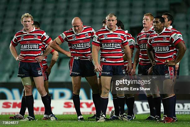 The Sydney Roosters after the Brisbane Broncos scored a try during the round four NRL match between the Sydney Roosters and the Brisbane Broncos at...