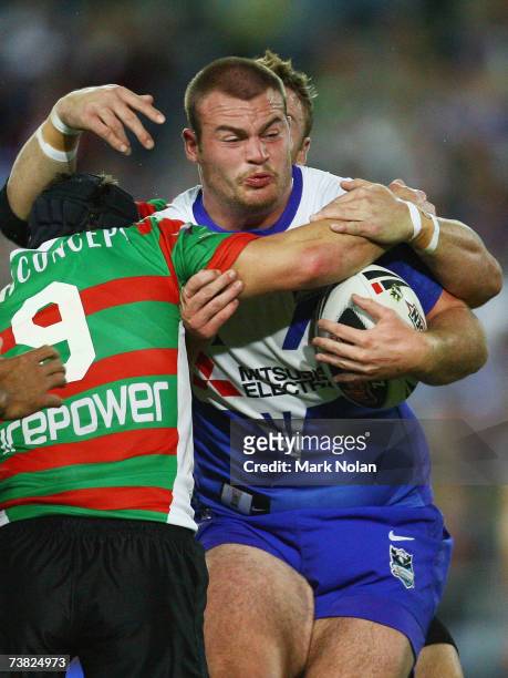 Jarrad Hickey of the Bulldogs in action during the round four NRL match between the South Sydney Rabbitohs and the Bulldogs at Telstra Stadium on...
