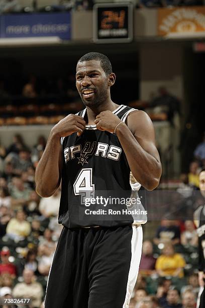 Michael Finley of the San Antonio Spurs cracks a smile during the game against the Indiana Pacers at Conseco Fieldhouse on April 1, 2007 in...