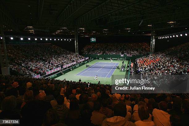 General view of Tim Henman of Great Britain in action against Robin Haase of Netherlands during the Davis Cup Europe/Africa Zone Group One tie...