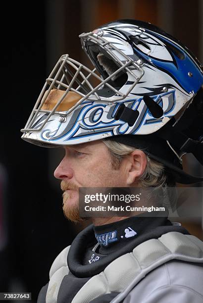 Gregg Zaun of the Toronto Blue Jays looks on during the game against the Detroit Tigers at Comerica Park in Detroit, Michigan on April 4, 2007. The...