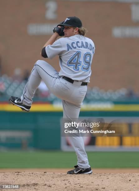 Jeremy Accardo of the Toronto Blue Jays pitches during the game against the Detroit Tigers at Comerica Park in Detroit, Michigan on April 4, 2007....