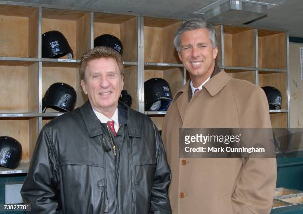 Detroit Tigers owner Mike Ilitch and President Dave Dombrowski pose before the game between the Detroit Tigers and the Toronto Blue Jays at Comerica...