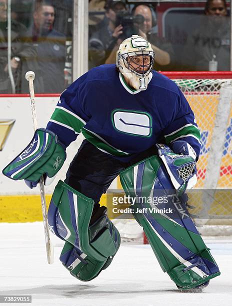 Goaltender Roberto Luongo of the Vancouver Canucks skates out of his crease during their NHL game against the Los Angeles Kings at General Motors...