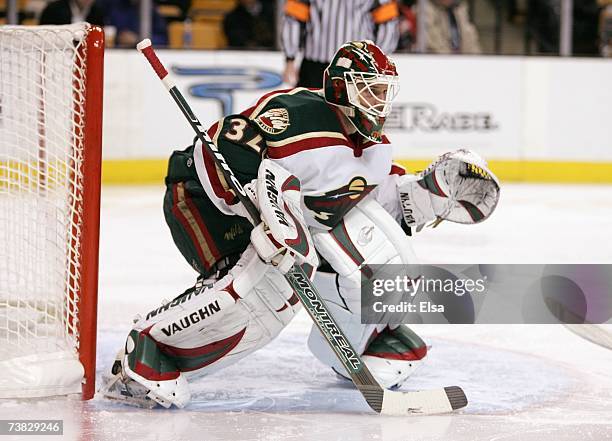 Goaltender Niklas Backstrom of the Minnesota Wild blocks the net against the Boston Bruins on March 8, 2007 at the TD Banknorth Garden in Boston,...