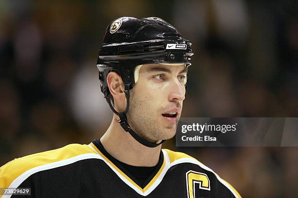 Zdeno Chara of the Boston Bruins looks on during the game against the Minnesota Wild on March 8, 2007 at the TD Banknorth Garden in Boston,...