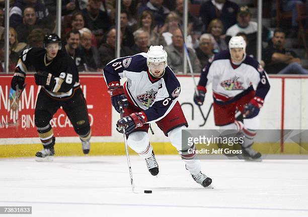 Rick Nash of the Columbus Blue Jackets handles the puck during the game against the Anaheim Ducks at the Honda Center during the game on March 14,...