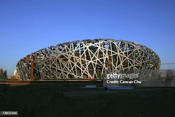 The National Stadium continues to be constructed April 6, 2007 in Beijing, China. The National Stadium hosts the opening, closing ceremonies,...
