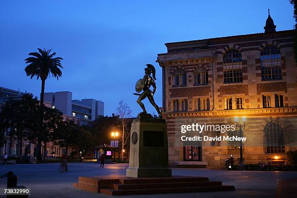 Statue of the school mascot, the Trojan, stands on the campus of the University of Southern California on March 6, 2007 in Los Angeles, California. A...