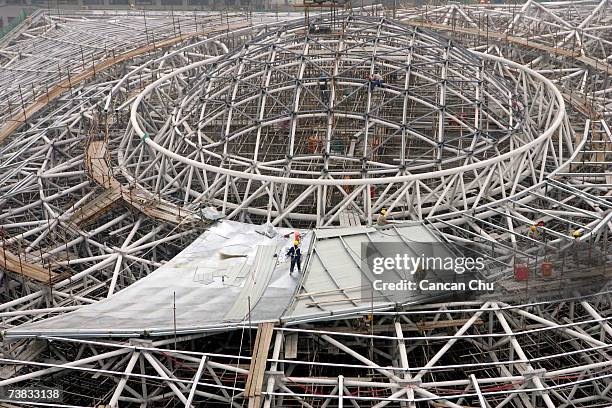 General view of the Peking University Gymnasium which is under construction on March 22, 2007 in Beijing, China. The gymnasium hosts table tennis...