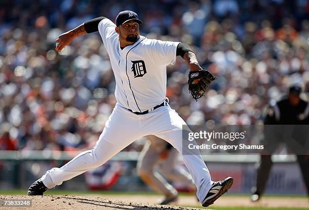 Joel Zumaya of the Detroit Tigers throws a pitch against the Toronto Blue Jays during the Home Opener for the Detroit Tigers at Comerica Park on...