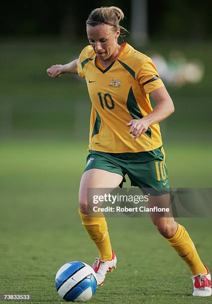 Joanne Peters of Australia in action during the Olympic Qualification match between Australia and Hong Kong at BCU International Stadium on April 7,...