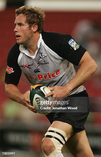 Butch James of the Sharks in action during the Super 14 round ten match between the Reds and the Sharks at Suncorp Stadium on April 7, 2007 in...