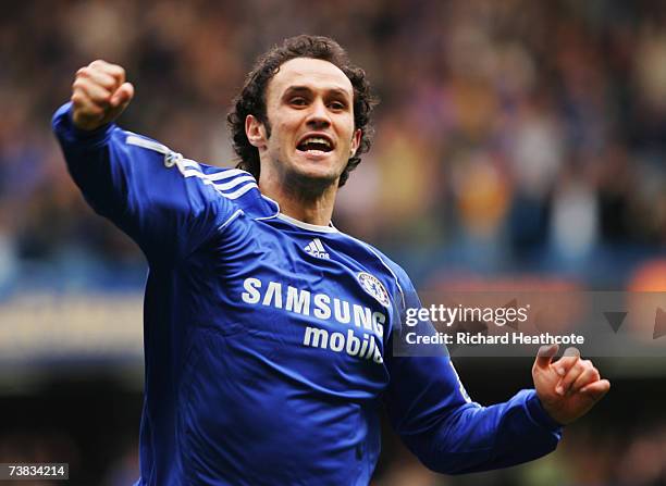 Ricardo Carvalho of Chelsea celebrates as he scores their first goal during the Barclays Premiership match between Chelsea and Tottenham Hotspur at...