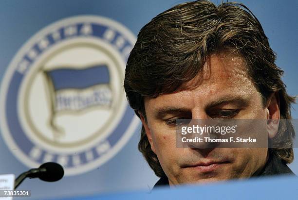 Head coach Falko Goetz of Berlin takes part in a press conference after the Bundesliga match between Hertha BSC Berlin and Arminia Bielefeld at the...