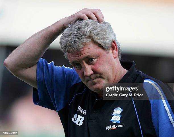 Birmingham City manager Steve Bruce scratches his head during the Coca Cola Championship match between Birmingham City and Burnley at St Andrews on...