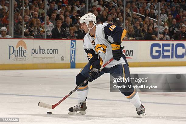 Tim Connolly of the Buffalo Sabres looks on during their NHL hockey game against the Washington Capitals at the Verizon Center April 7, 2007 in...