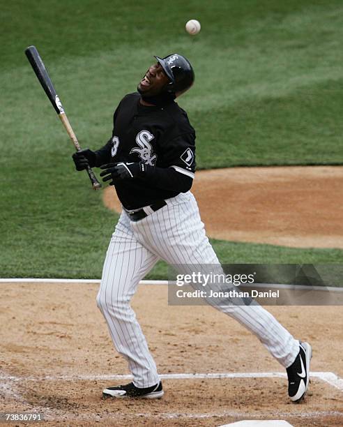 Jermaine Dye of the Chicago White Sox reacts after being hit by a pitch from Carlos Silva of the Minnesota Twins on April 7, 2007 at U.S. Cellular...