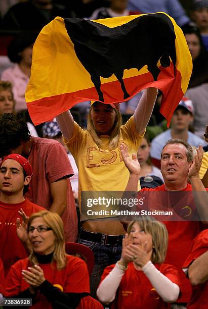 Fans of Team Spain cheer as Mike Bryan and Bob Bryan play Fernando Verdasco and Feliciano Lopez of Spain during the third rubber of the Davis Cup...