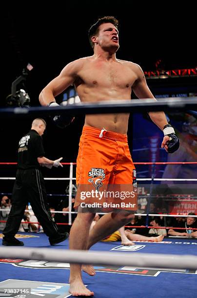 Bristol Marunde of the Tiger Sharks reacts after he knocked down John Kading of the Red Bears in the first round for a TKO during their IFL...