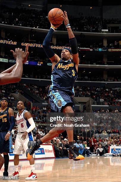 Allen Iverson of the Denver Nuggets puts up a shot against the Los Angeles Clippers on April 7, 2007 at Staples Center in Los Angeles, California....