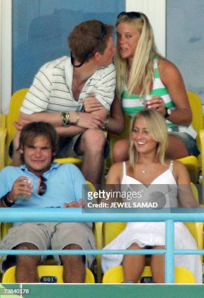 St John's, ANTIGUA AND BARBUDA: Britain's Prince Harry kisses his girlfriend Chelsy Davy as they watch the ICC World Cup Cricket 2007 Super Eight...