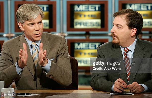 News Chief White House Correspondent David Gregory speaks as NBC News Political Director Chuck Todd looks on during a taping of "Meet the Press" at...
